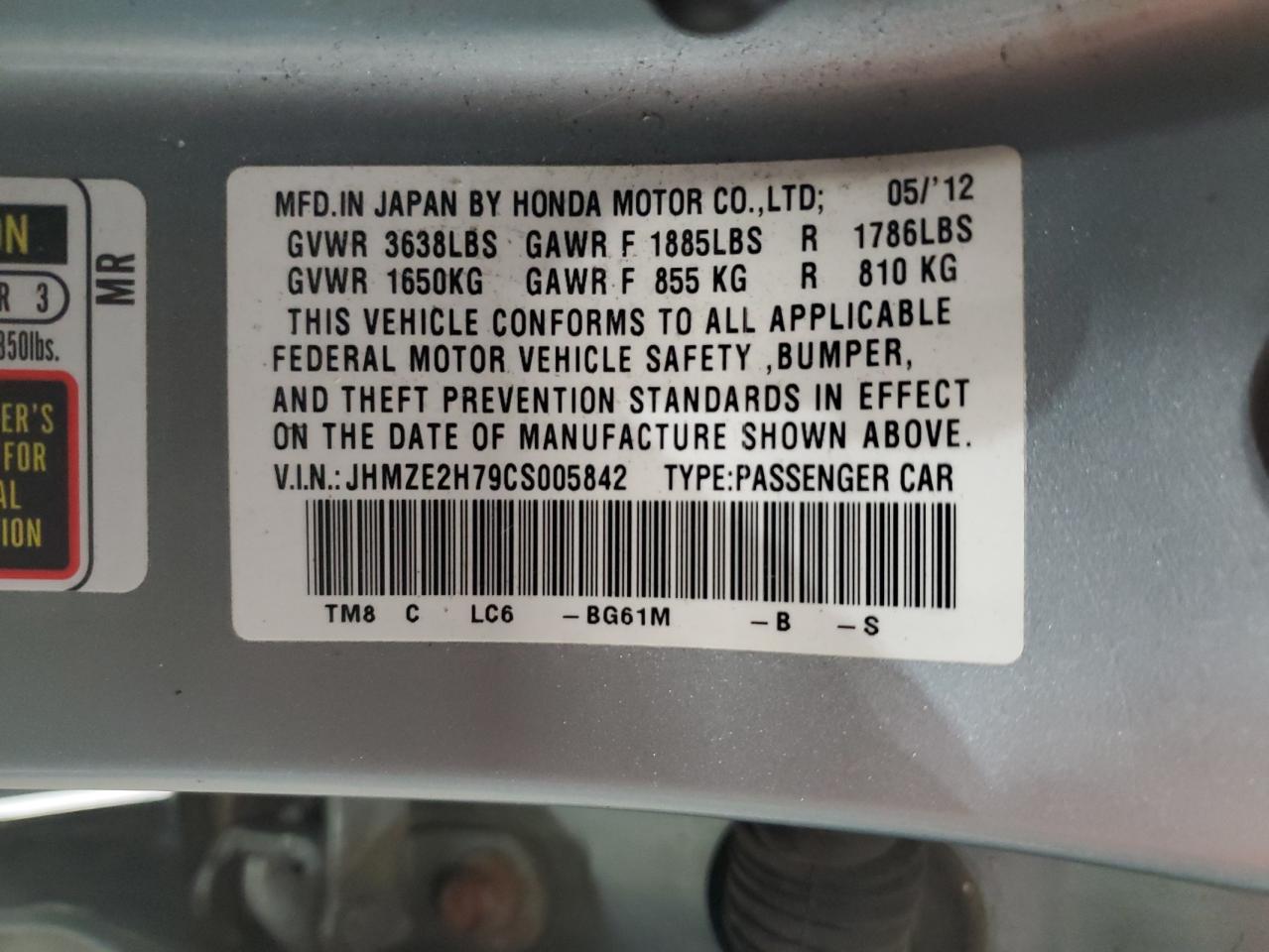 2012 Honda Insight Ex VIN: JHMZE2H79CS005842 Lot: 86883155