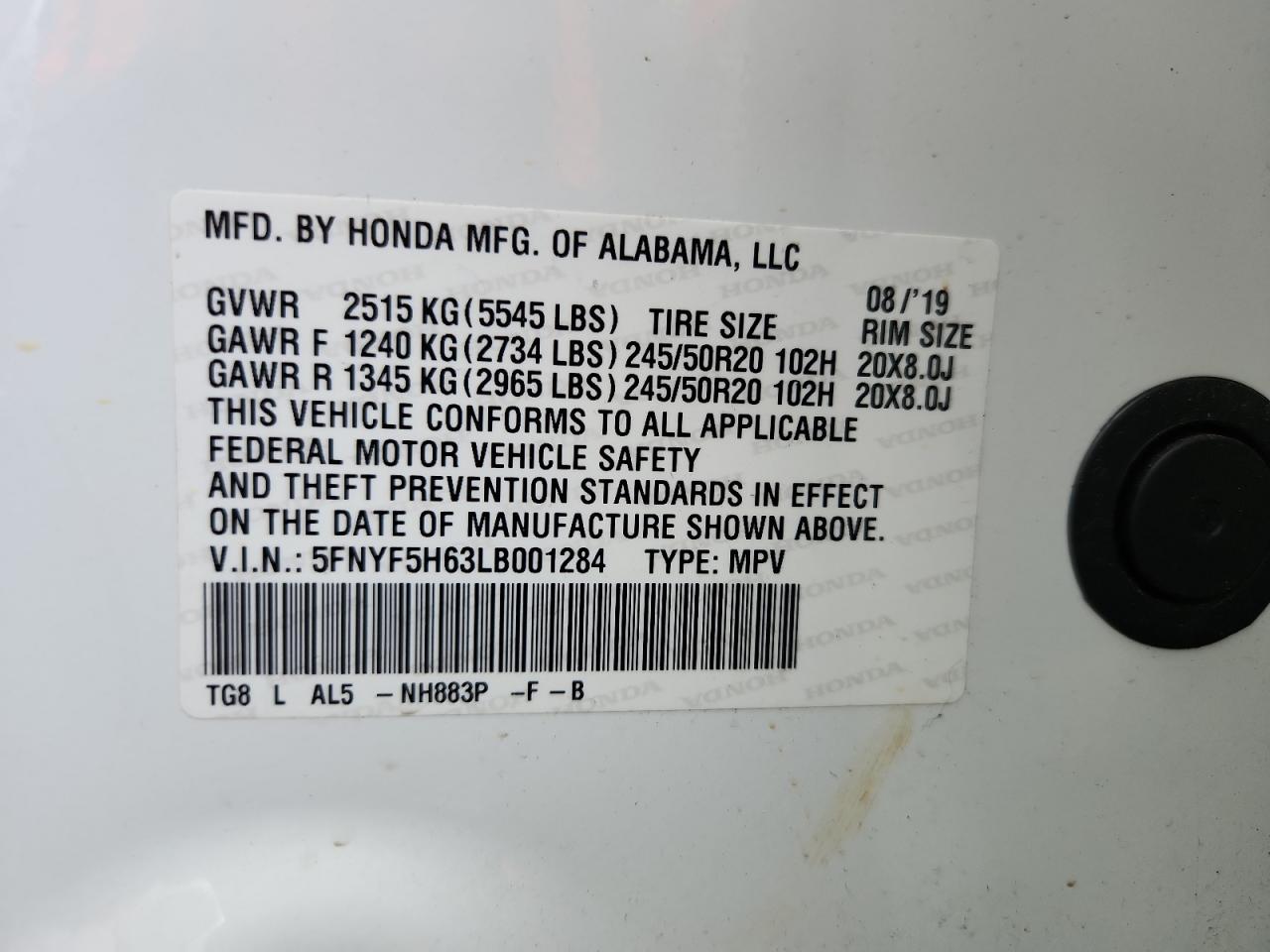 2020 Honda Pilot Touring VIN: 5FNYF5H63LB001284 Lot: 87432515