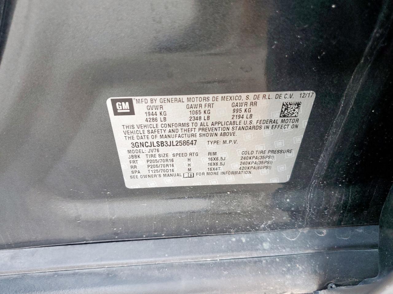 2018 Chevrolet Trax 1Lt VIN: 3GNCJLSB3JL258647 Lot: 85125745