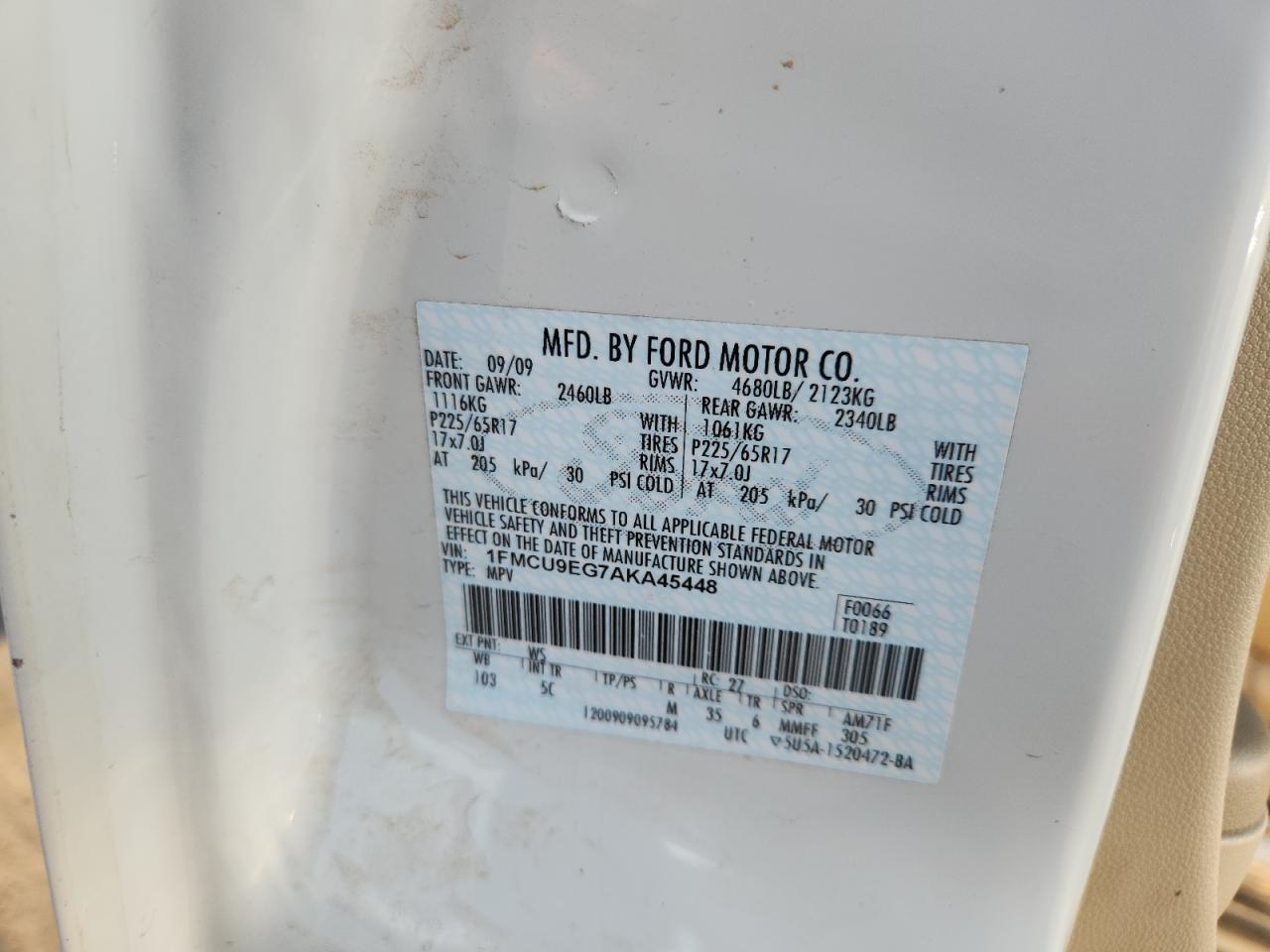 2010 Ford Escape Limited VIN: 1FMCU9EG7AKA45448 Lot: 86140385