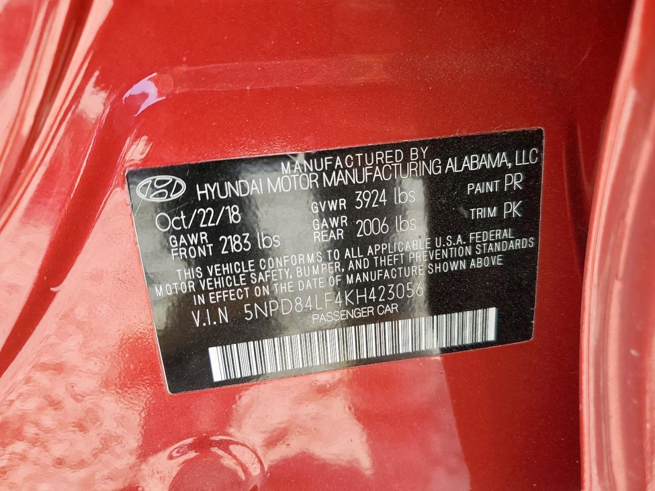 2019 Hyundai Elantra Sel VIN: 5NPD84LF4KH423056 Lot: 86103905