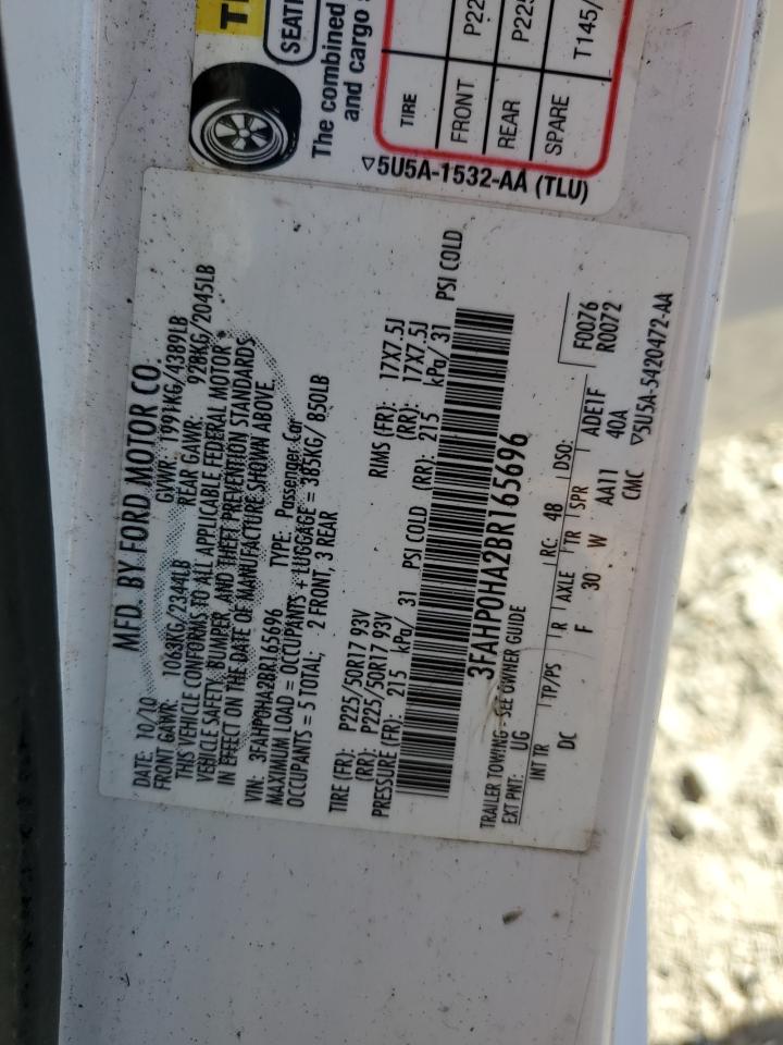 2011 Ford Fusion Se VIN: 3FAHP0HA2BR165696 Lot: 86798565
