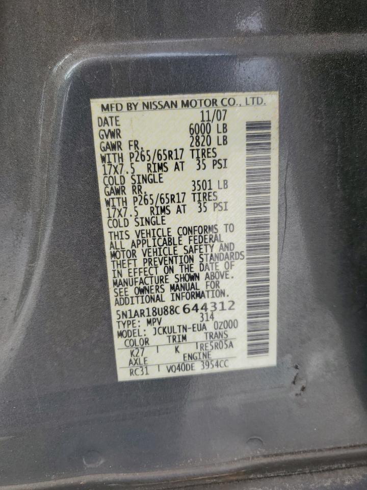 2008 Nissan Pathfinder S VIN: 5N1AR18U88C644312 Lot: 86210195