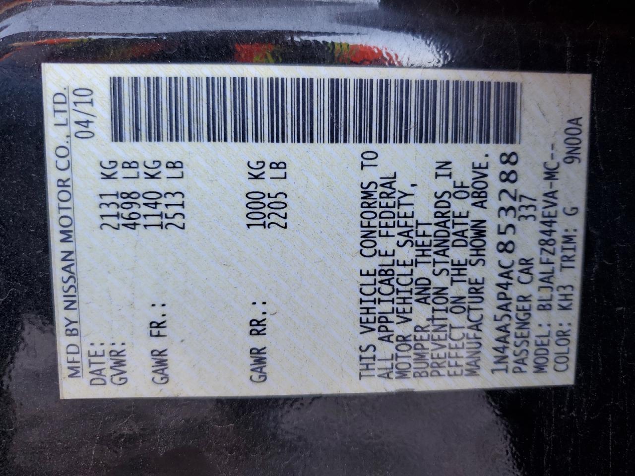 2010 Nissan Maxima S VIN: 1N4AA5AP4AC853288 Lot: 85425785