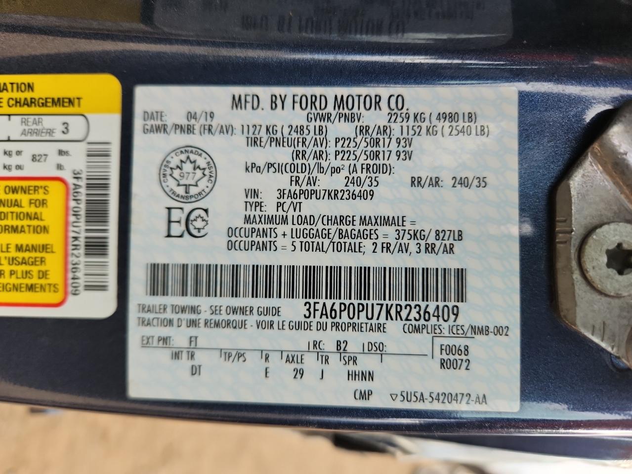 2019 Ford Fusion Sel VIN: 3FA6P0PU7KR236409 Lot: 91096395