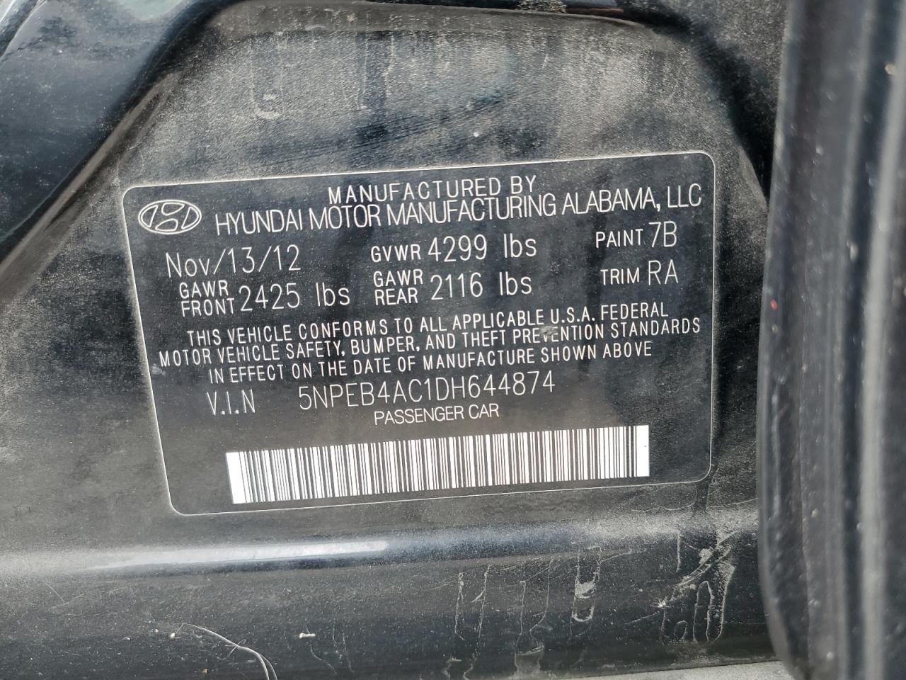 2013 Hyundai Sonata Gls VIN: 5NPEB4AC1DH644874 Lot: 85884045