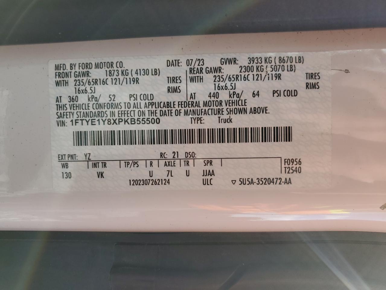 2023 Ford Transit T-150 VIN: 1FTYE1Y8XPKB55500 Lot: 81971715