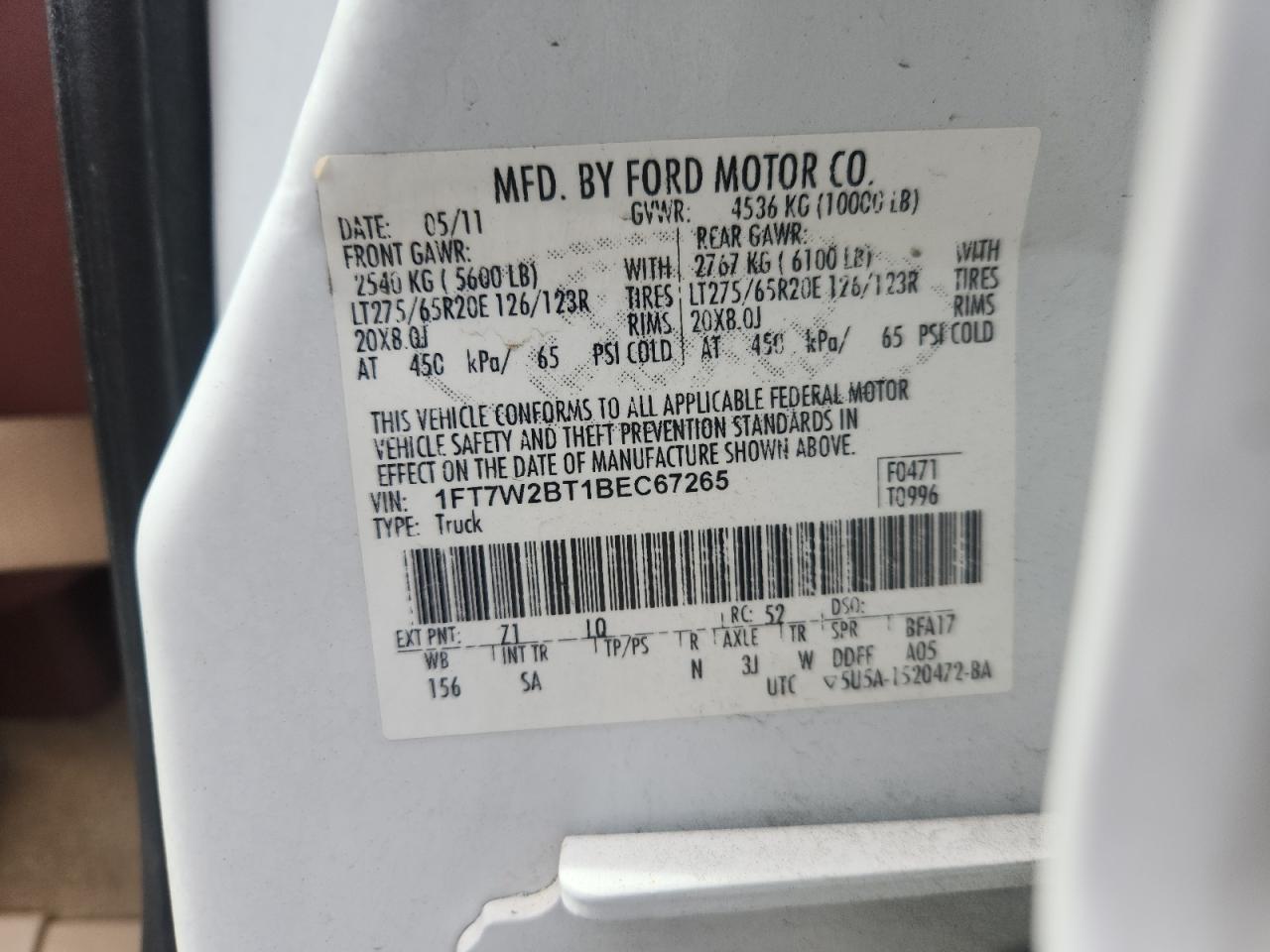 2011 Ford F250 Super Duty VIN: 1FT7W2BT1BEC67265 Lot: 84944015