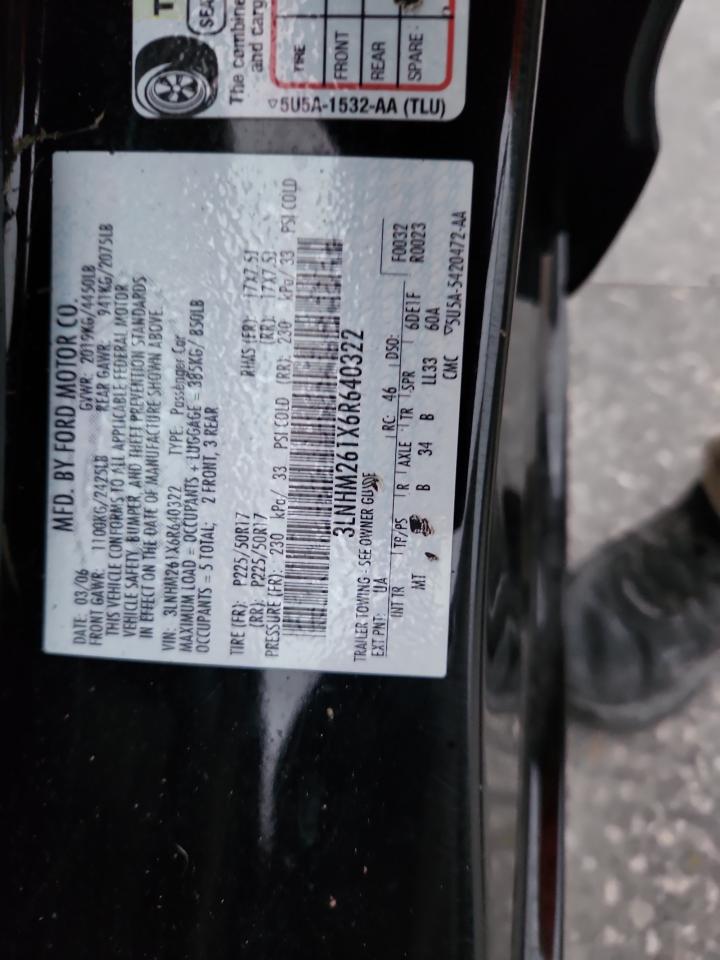 2006 Lincoln Zephyr VIN: 3LNHM261X6R640322 Lot: 90062595