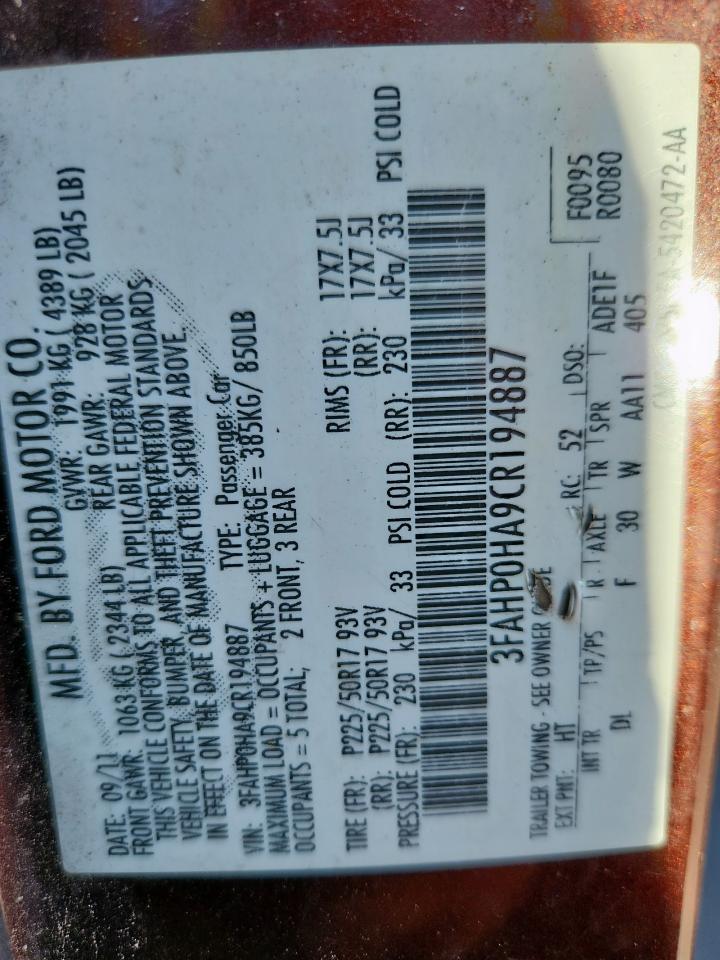 2012 Ford Fusion Se VIN: 3FAHP0HA9CR194887 Lot: 85881985