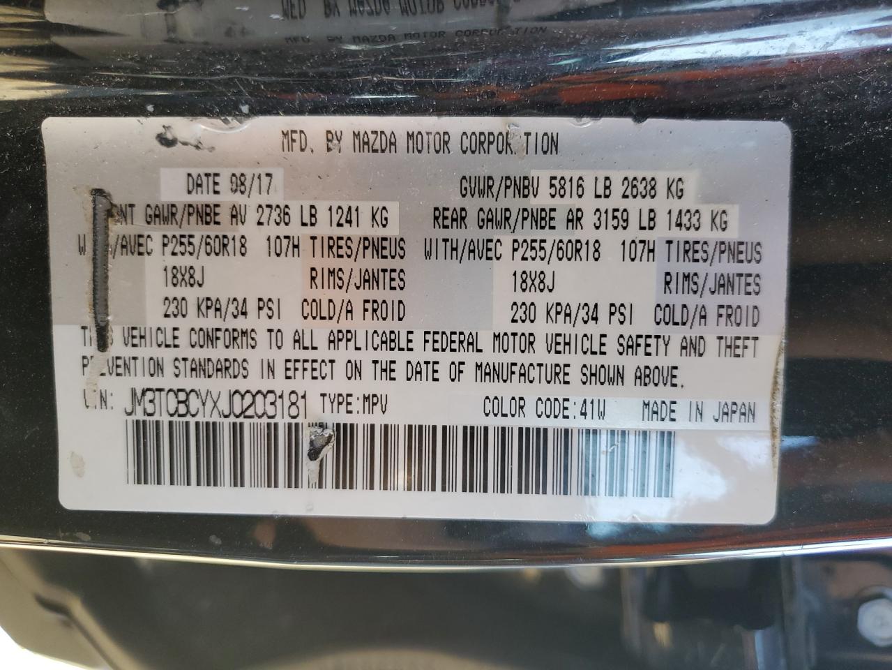 2018 Mazda Cx-9 Touring VIN: JM3TCBCYXJ0203181 Lot: 85877435