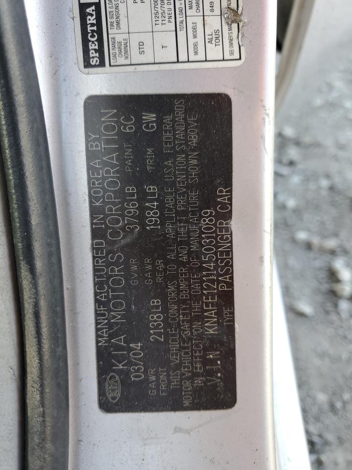 2004 Kia Spectra Lx VIN: KNAFE121145031089 Lot: 86537795