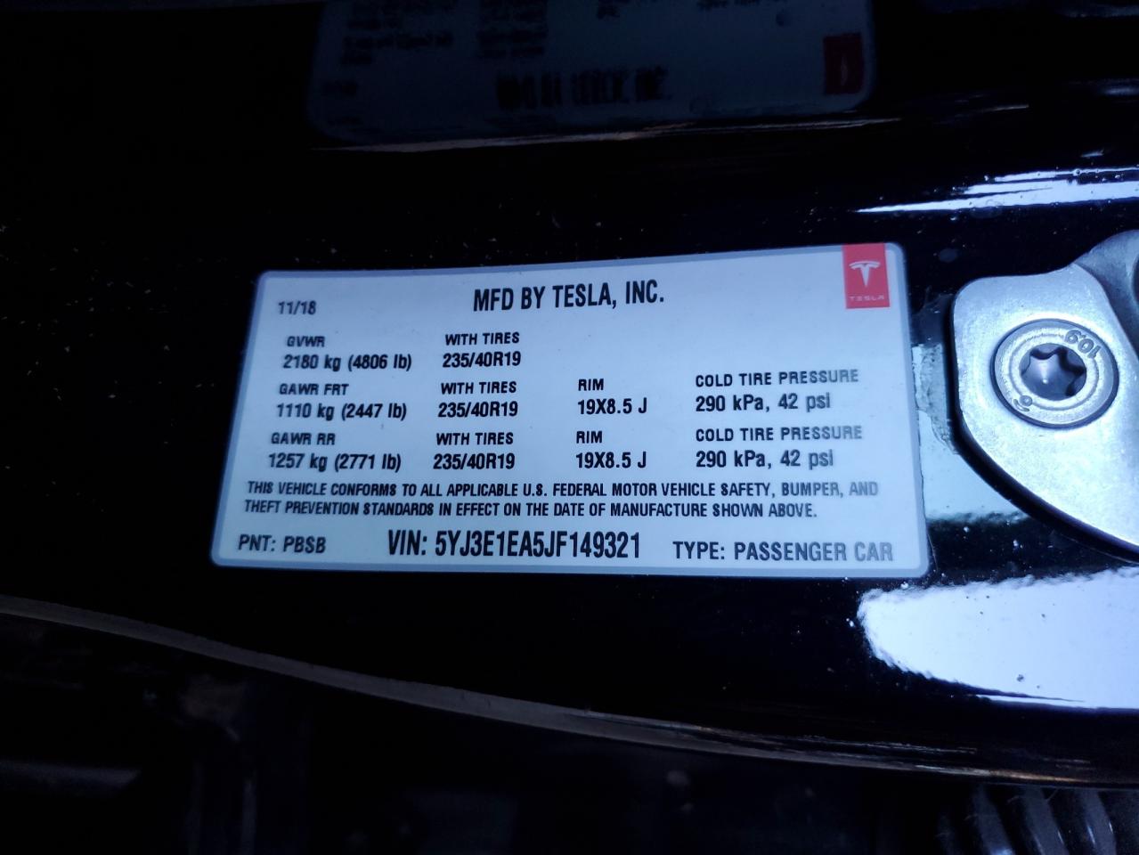 2018 Tesla Model 3 VIN: 5YJ3E1EA5JF149321 Lot: 81900405