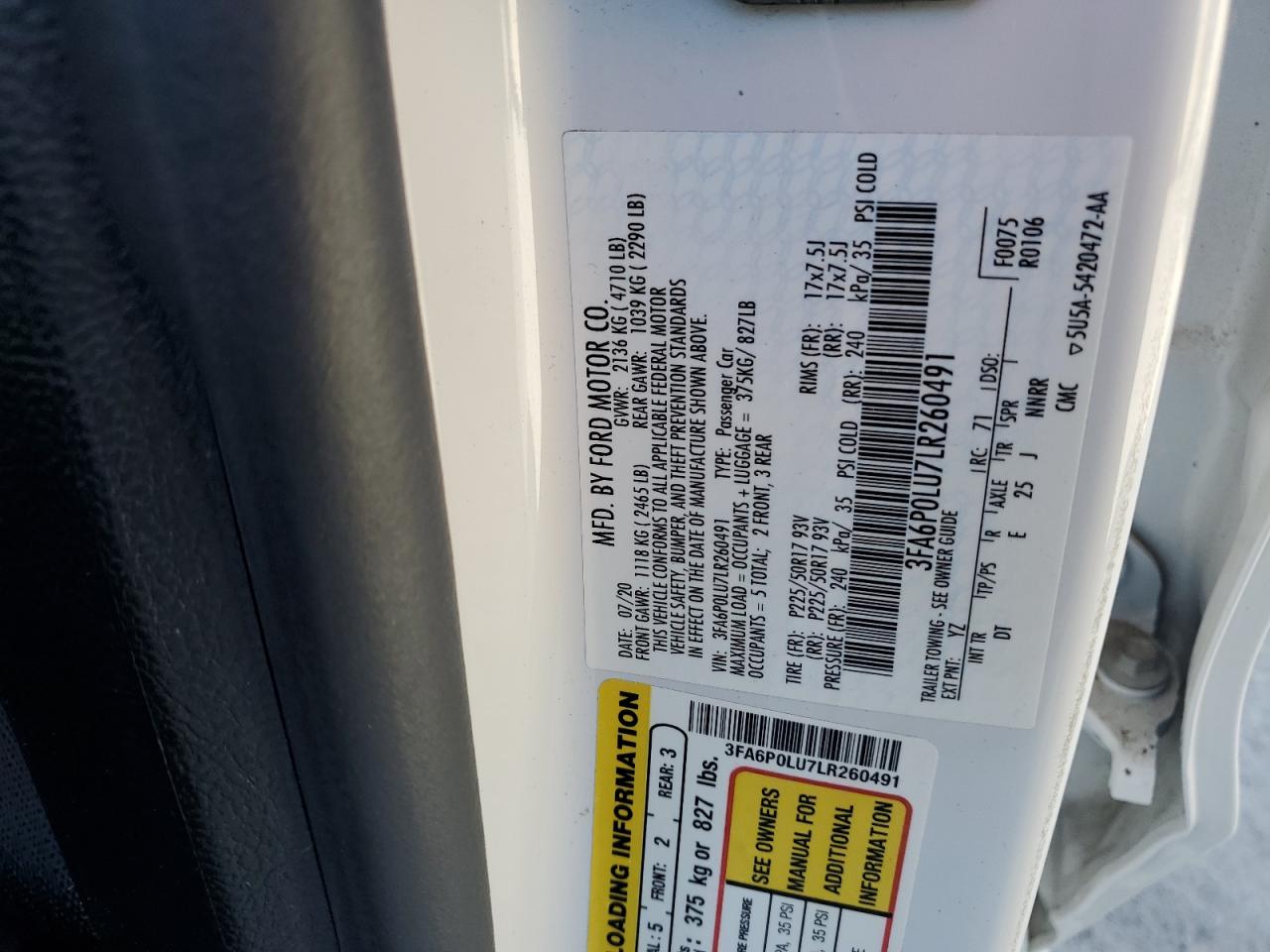 2020 Ford Fusion Se VIN: 3FA6P0LU7LR260491 Lot: 89718075