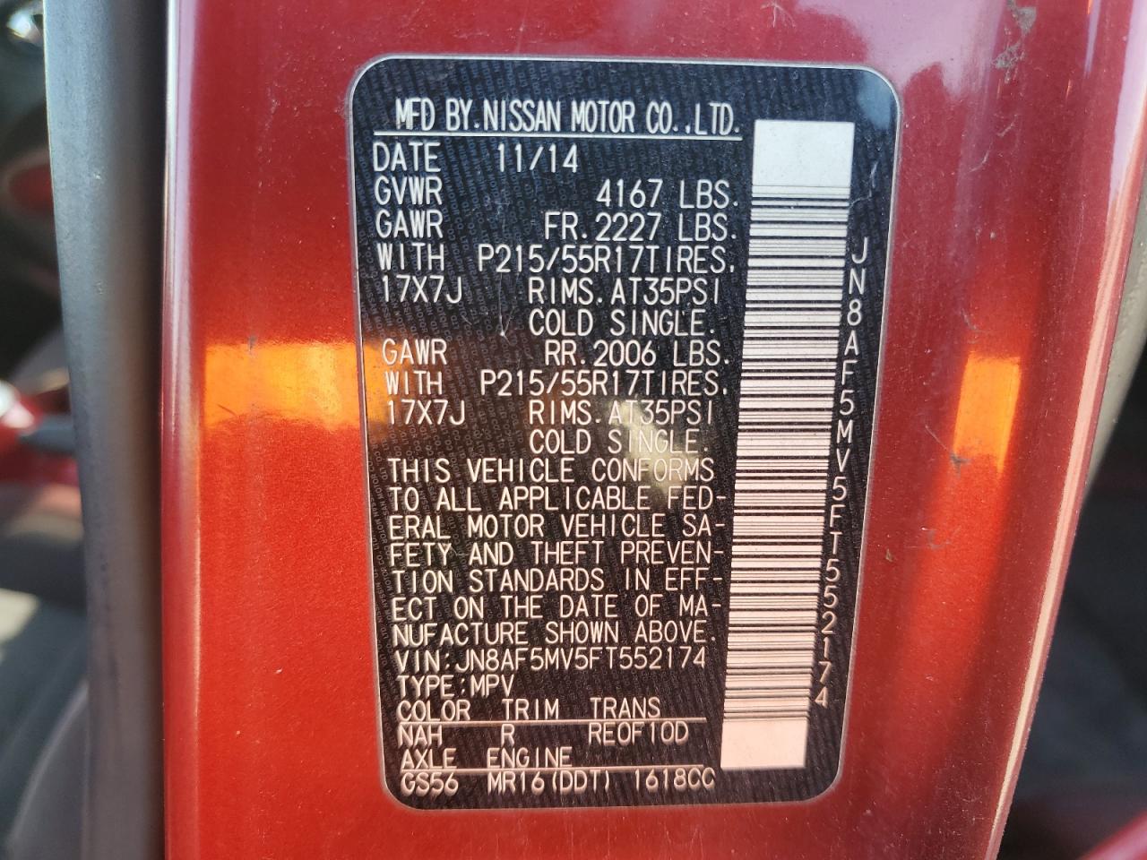 2015 Nissan Juke S VIN: JN8AF5MV5FT552174 Lot: 85272815