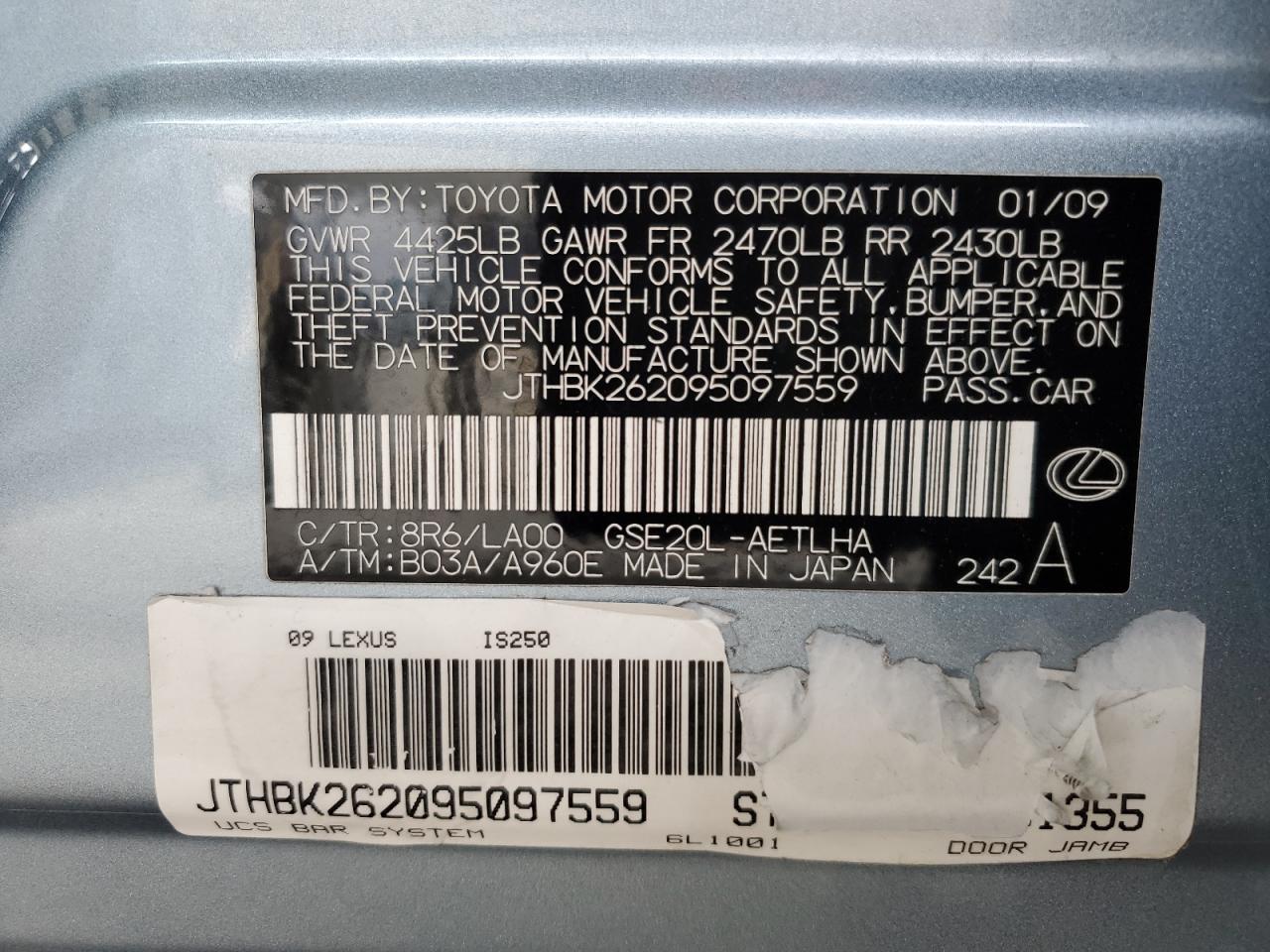 2009 Lexus Is 250 VIN: JTHBK262095097559 Lot: 82175605