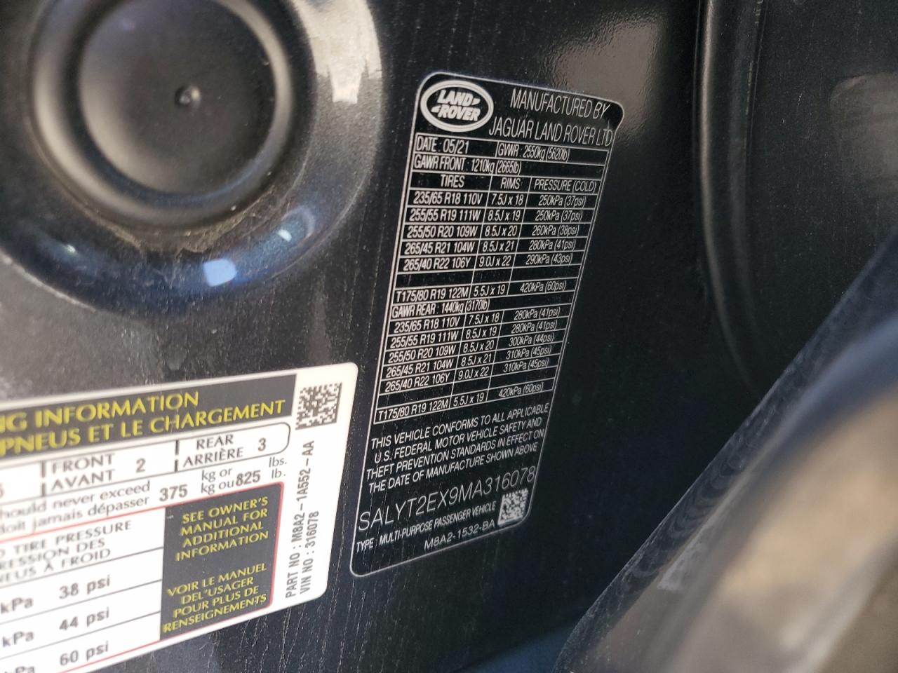 2021 Land Rover Range Rover Velar R-Dynamic S VIN: SALYT2EX9MA316078 Lot: 86535325