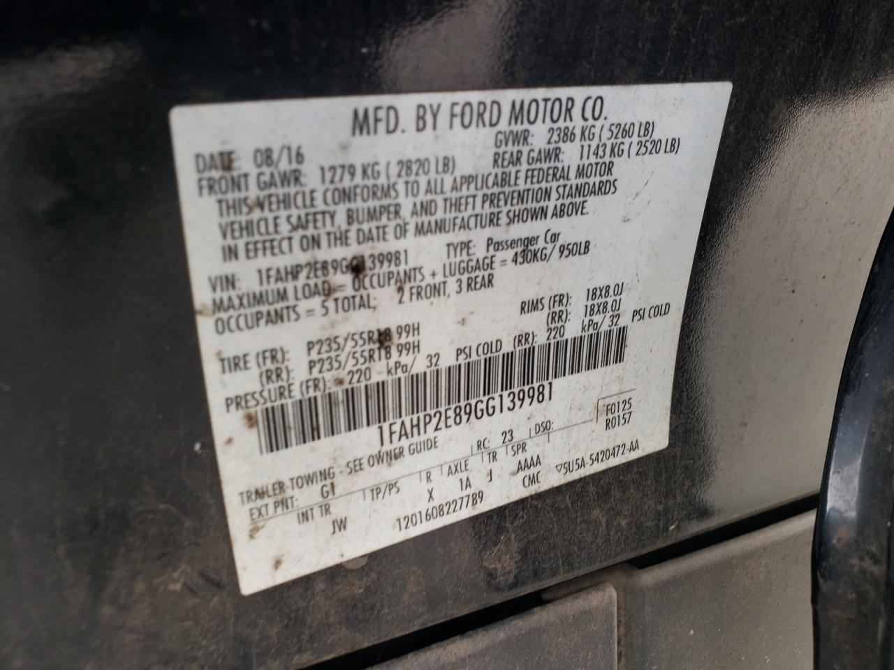 2016 Ford Taurus Sel VIN: 1FAHP2E89GG139981 Lot: 85670085