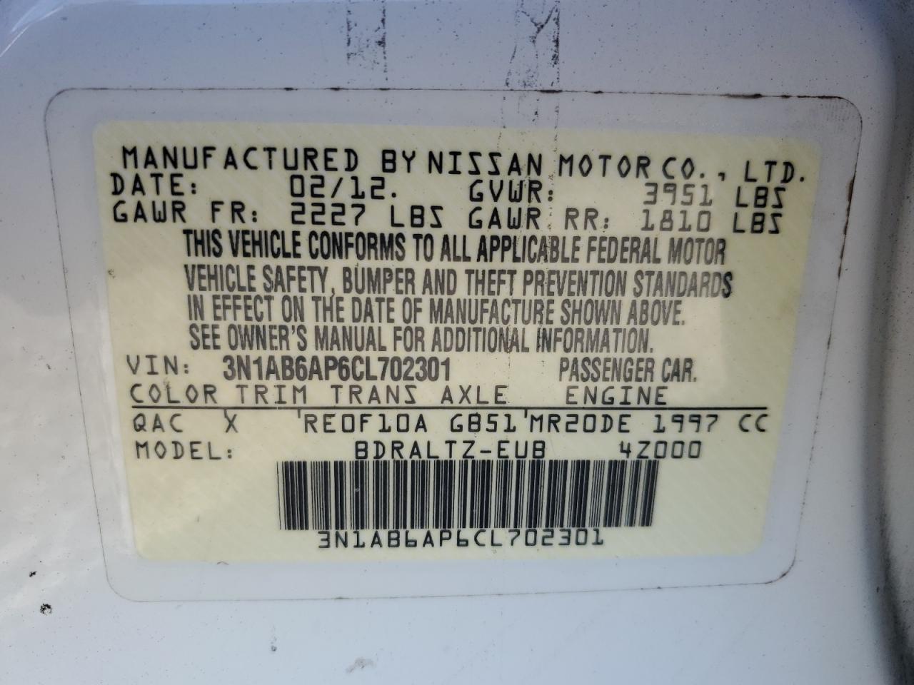 2012 Nissan Sentra 2.0 VIN: 3N1AB6AP6CL702301 Lot: 84225225