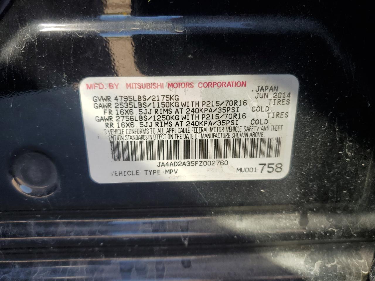 2015 Mitsubishi Outlander Es VIN: JA4AD2A35FZ002760 Lot: 87425355