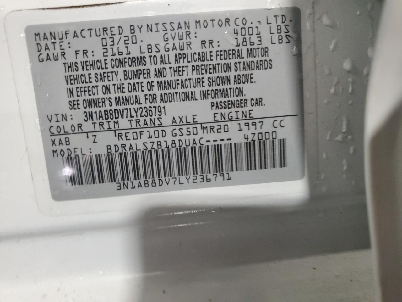 2020 Nissan Sentra Sr VIN: 3N1AB8DV7LY236791 Lot: 84295255