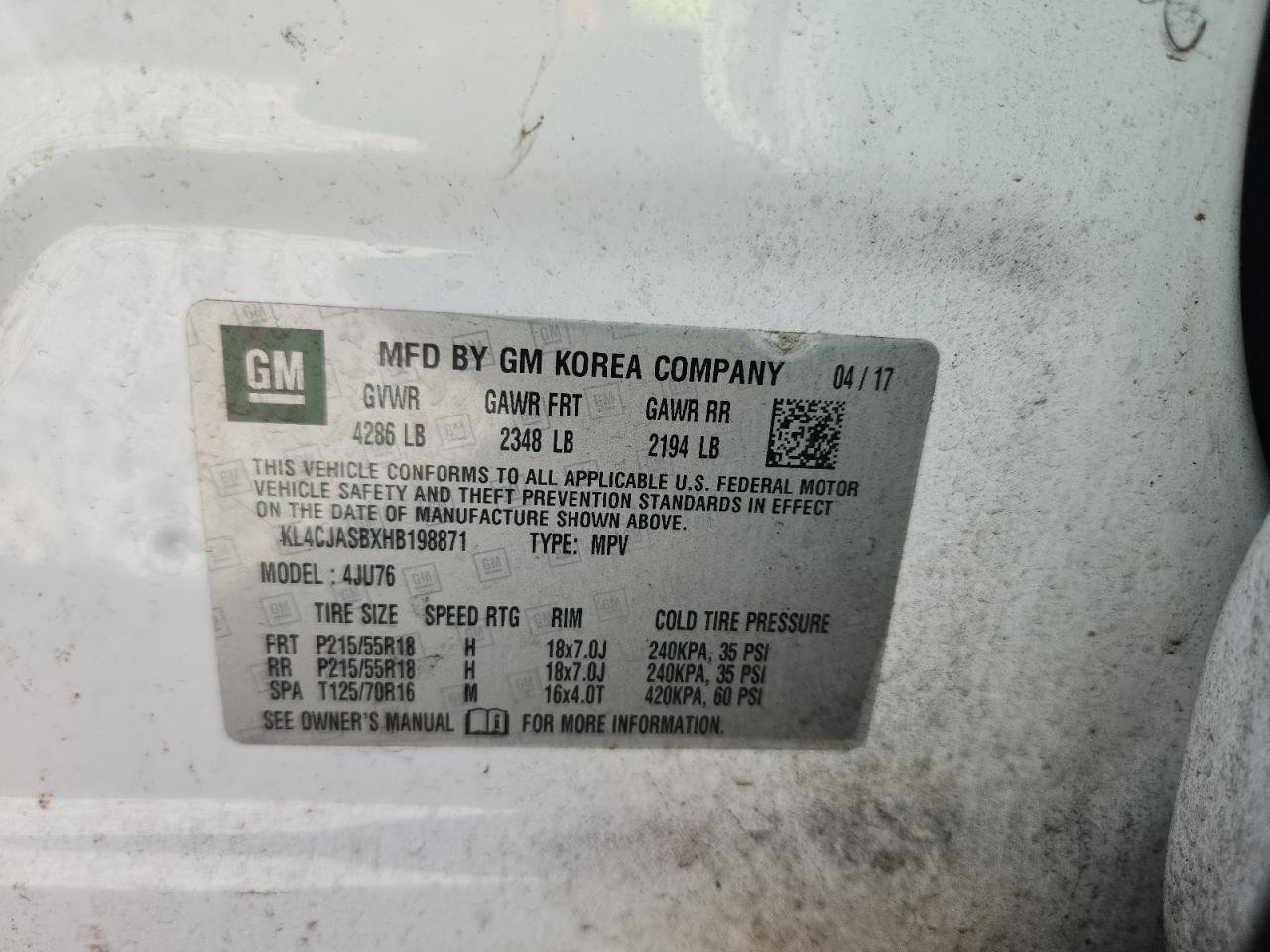 2017 Buick Encore Preferred VIN: KL4CJASBXHB198871 Lot: 84860785