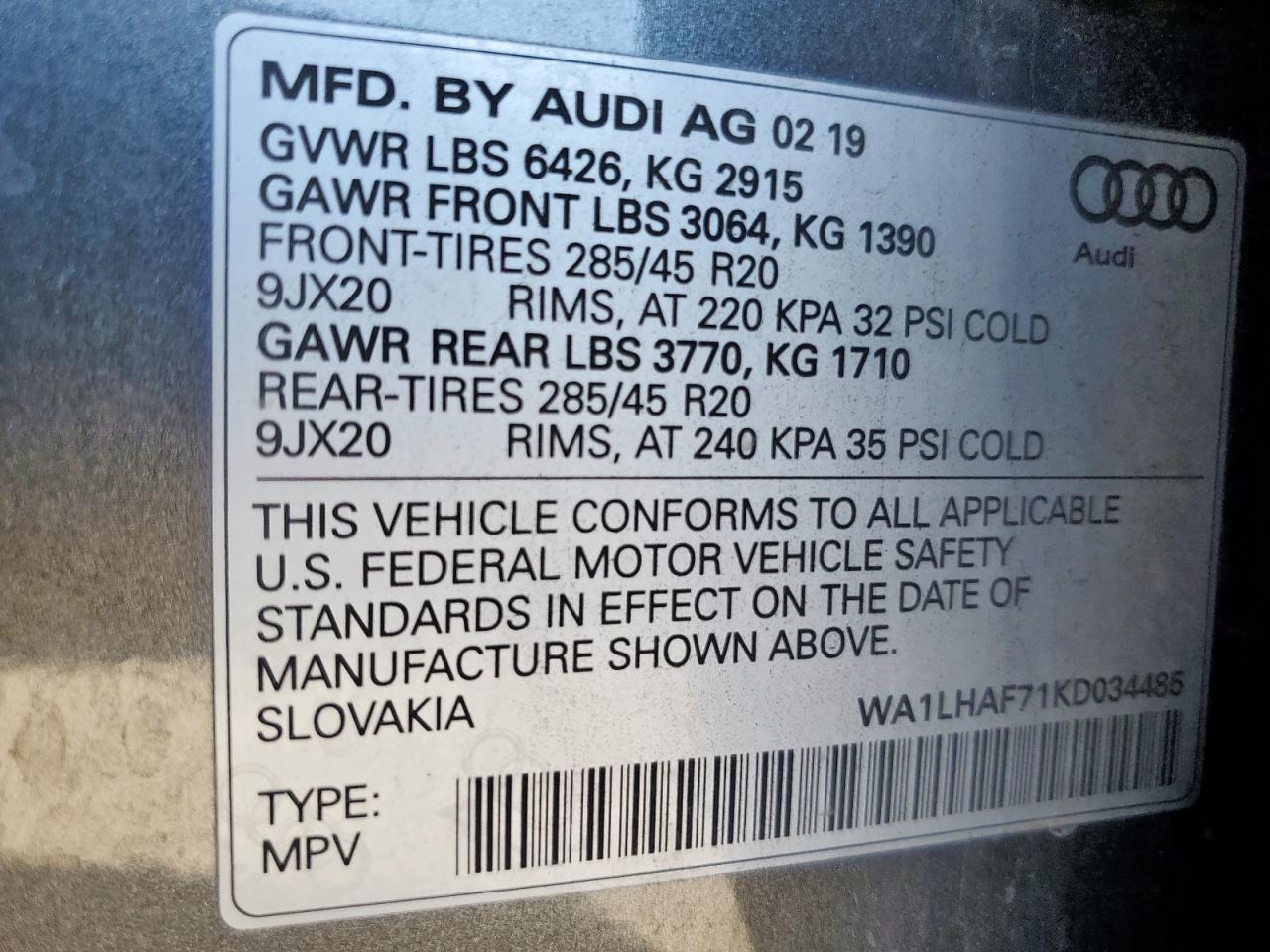 2019 Audi Q7 Premium Plus VIN: WA1LHAF71KD034485 Lot: 86425795