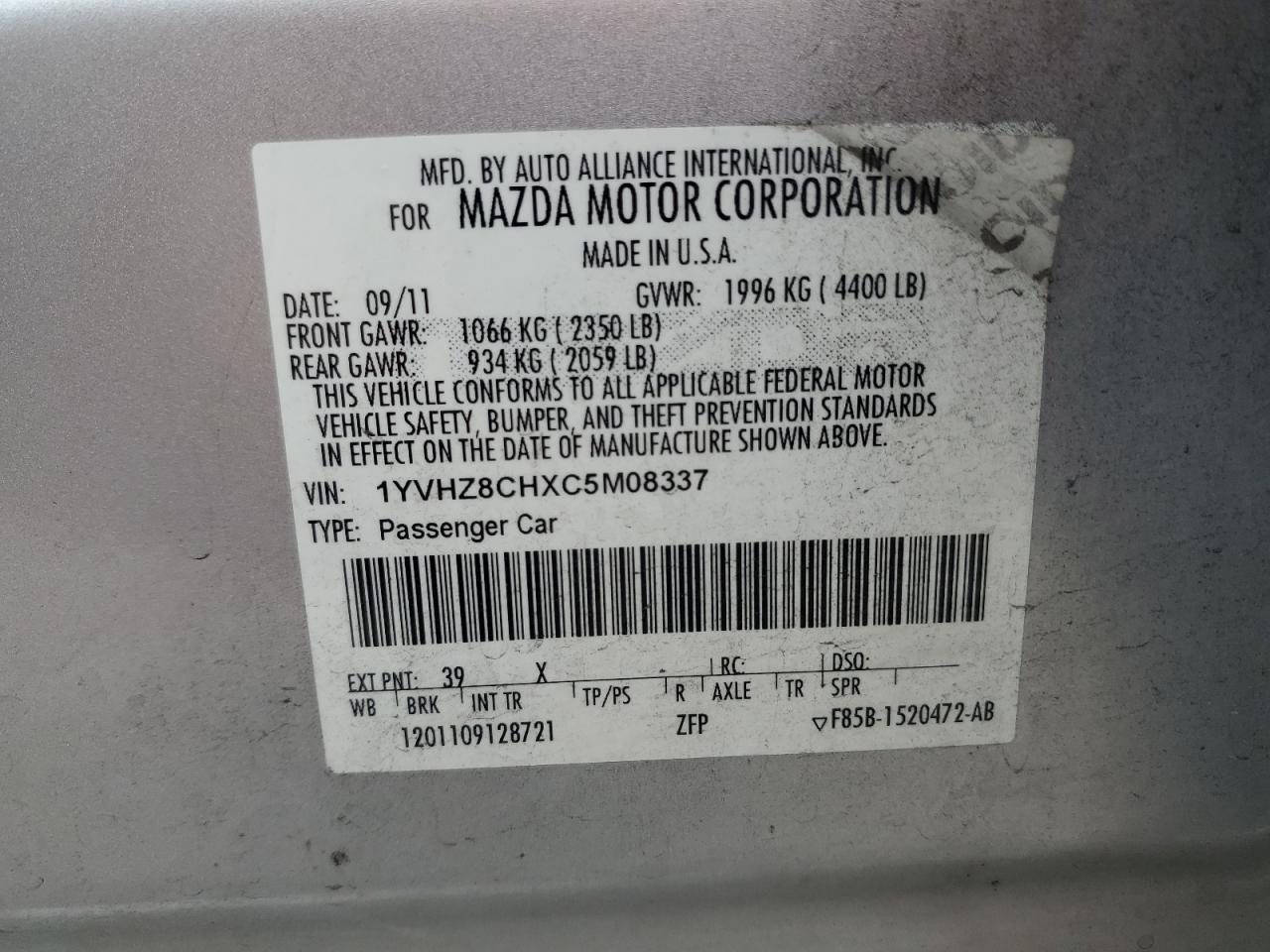 2012 Mazda 6 I VIN: 1YVHZ8CHXC5M08337 Lot: 90685275