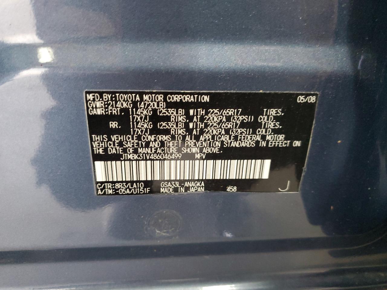 2008 Toyota Rav 4 VIN: JTMBK31V486046499 Lot: 85341725