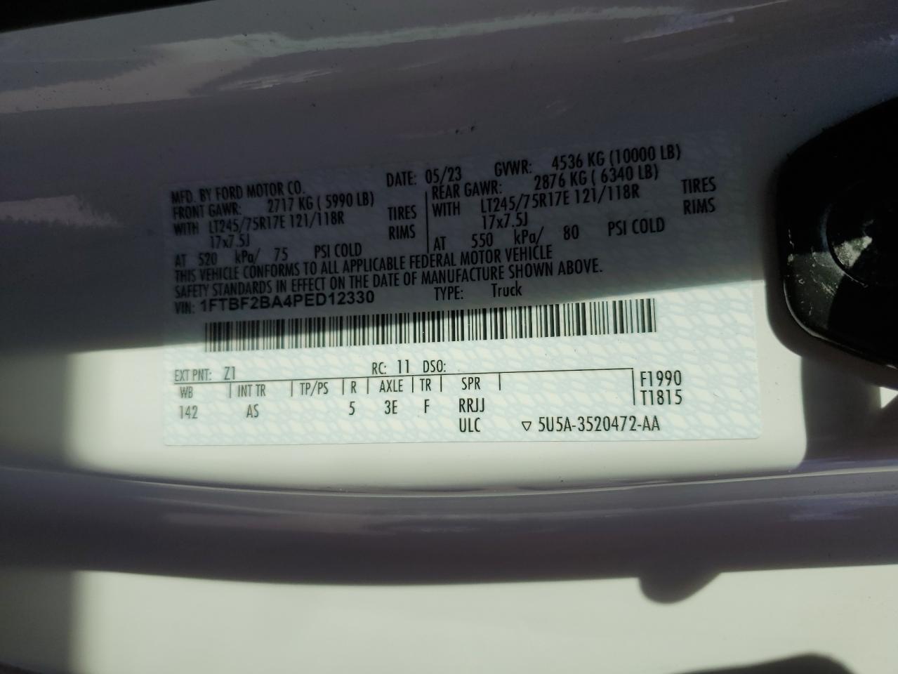 2023 Ford Super Duty F-250 Xl Regular Cab Long Bed VIN: 1FTBF2BA4PED12330 Lot: 86607785