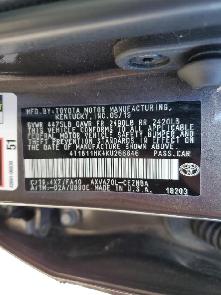 2019 Toyota Camry L VIN: 4T1B11HK4KU266646 Lot: 86463085