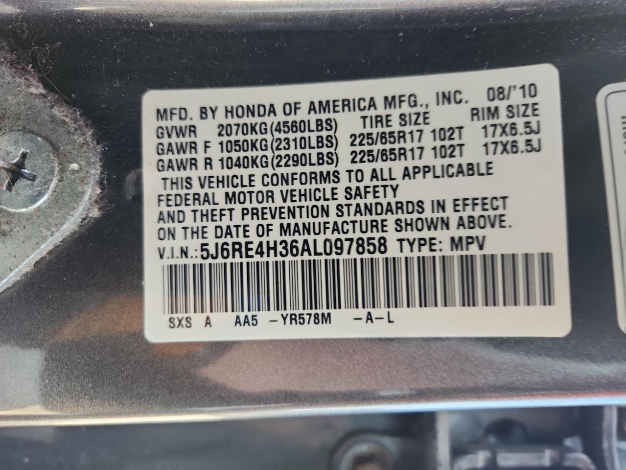 2010 Honda Cr-V Lx VIN: 5J6RE4H36AL097858 Lot: 81952805