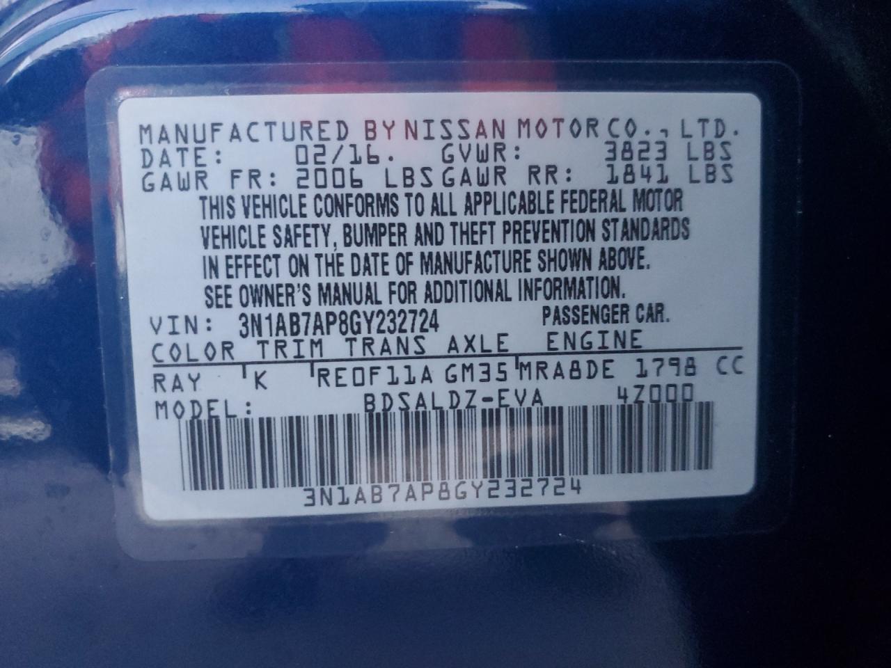 2016 Nissan Sentra S VIN: 3N1AB7AP8GY232724 Lot: 82565585