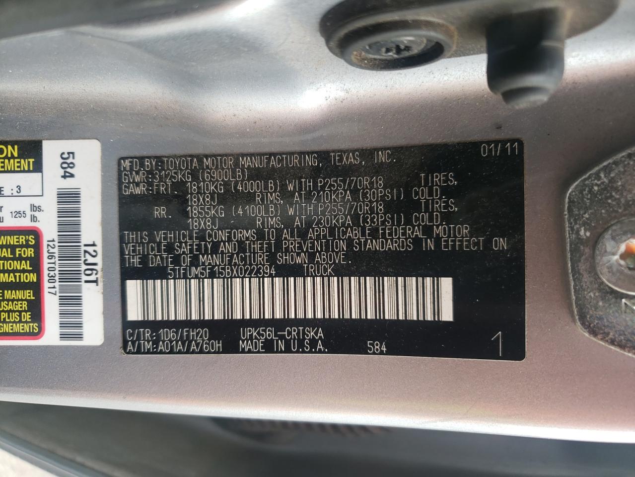 2011 Toyota Tundra Double Cab Sr5 VIN: 5TFUM5F15BX022394 Lot: 82353595