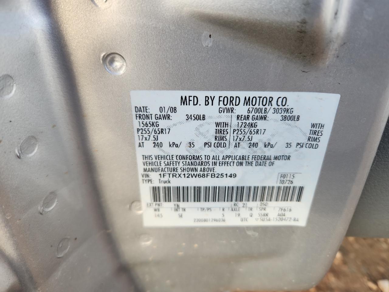 2008 Ford F150 VIN: 1FTRX12W68FB25149 Lot: 82291975