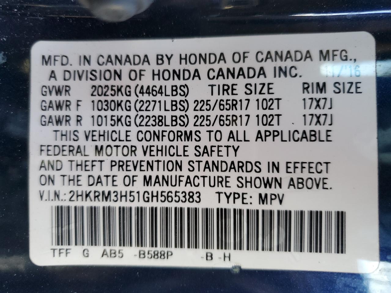 2016 Honda Cr-V Ex VIN: 2HKRM3H51GH565383 Lot: 85715745