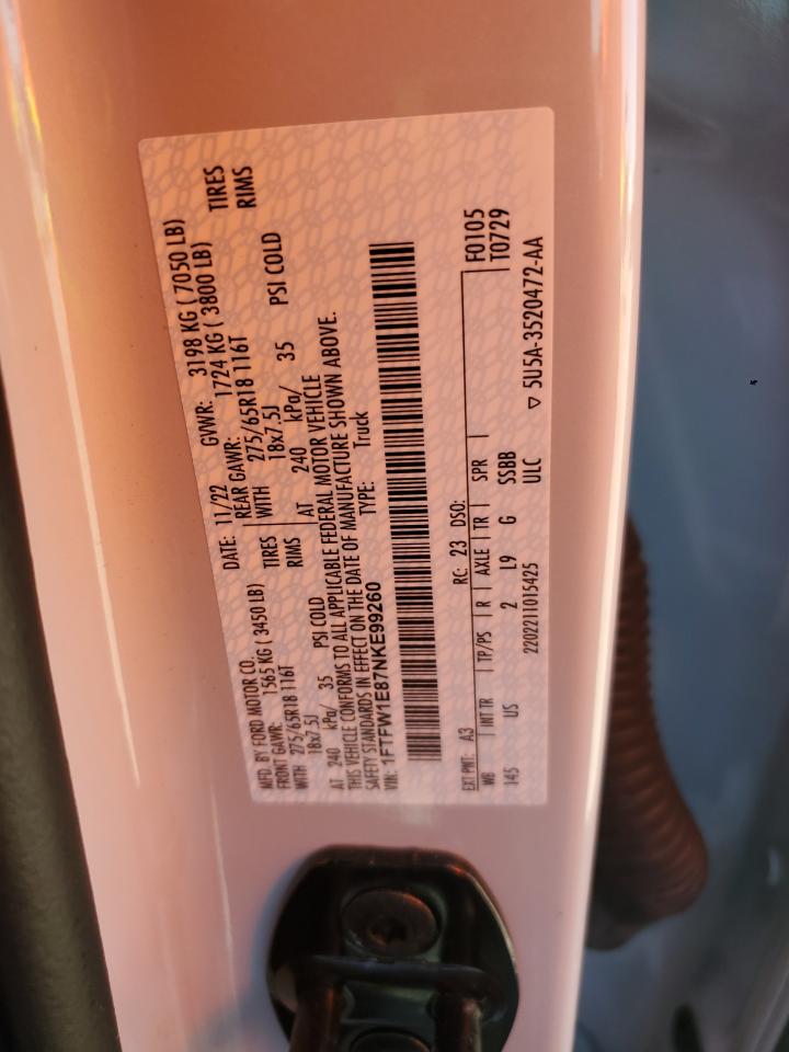 2022 Ford F150 Supercrew VIN: 1FTFW1E87NKE99260 Lot: 86291545