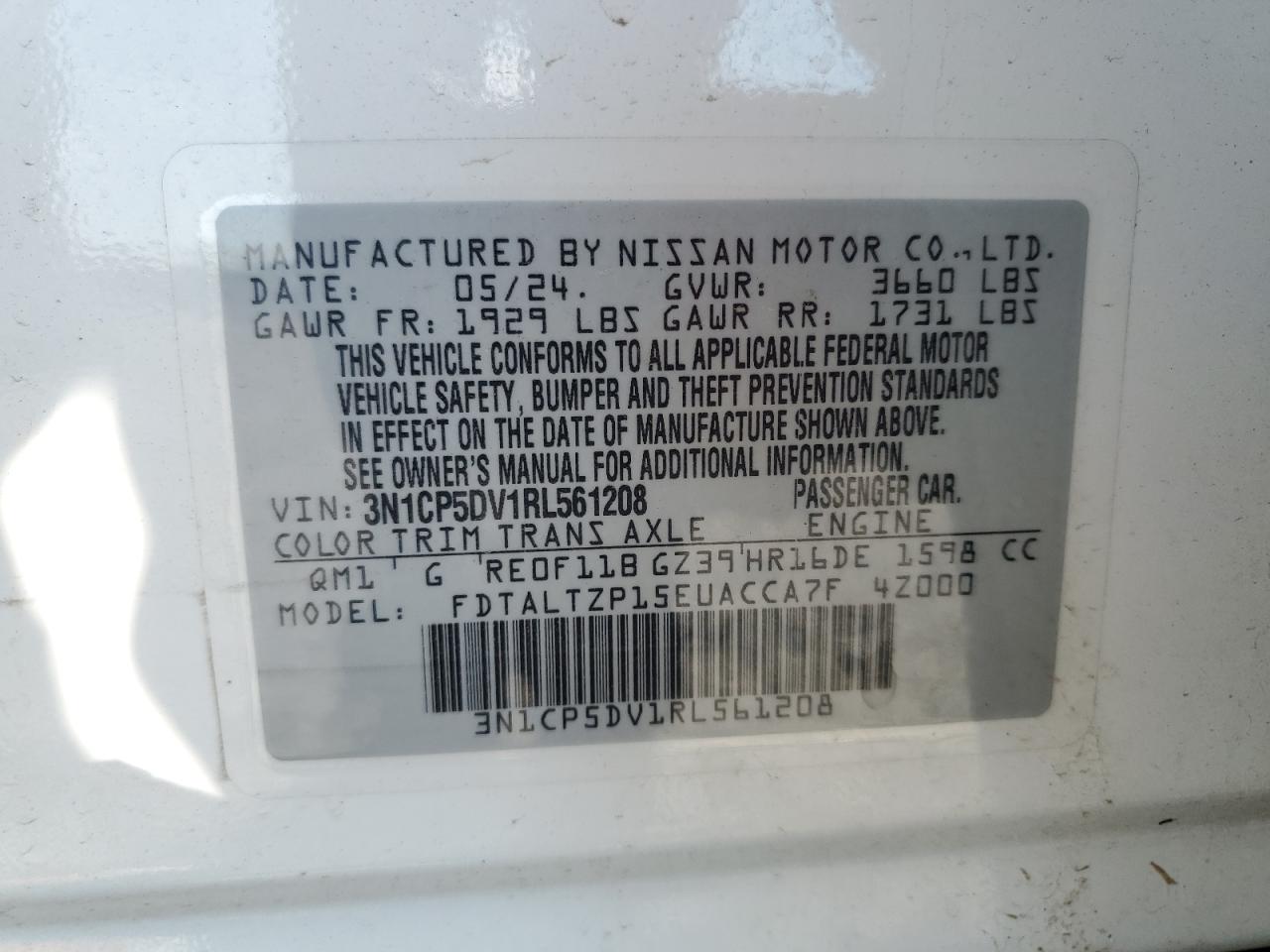 2024 Nissan Kicks Sr VIN: 3N1CP5DV1RL561208 Lot: 85749605