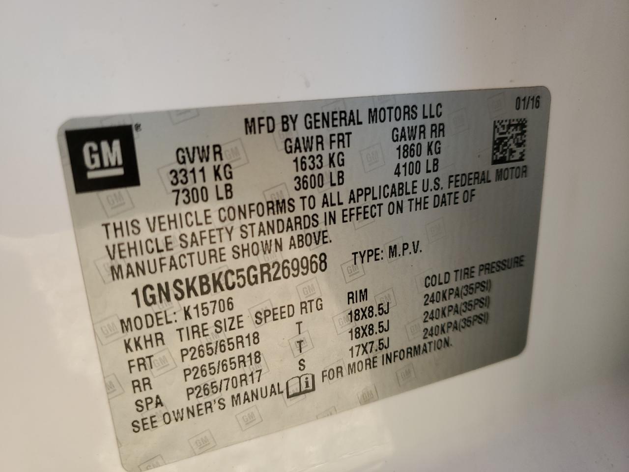 2016 Chevrolet Tahoe K1500 Lt VIN: 1GNSKBKC5GR269968 Lot: 84795345