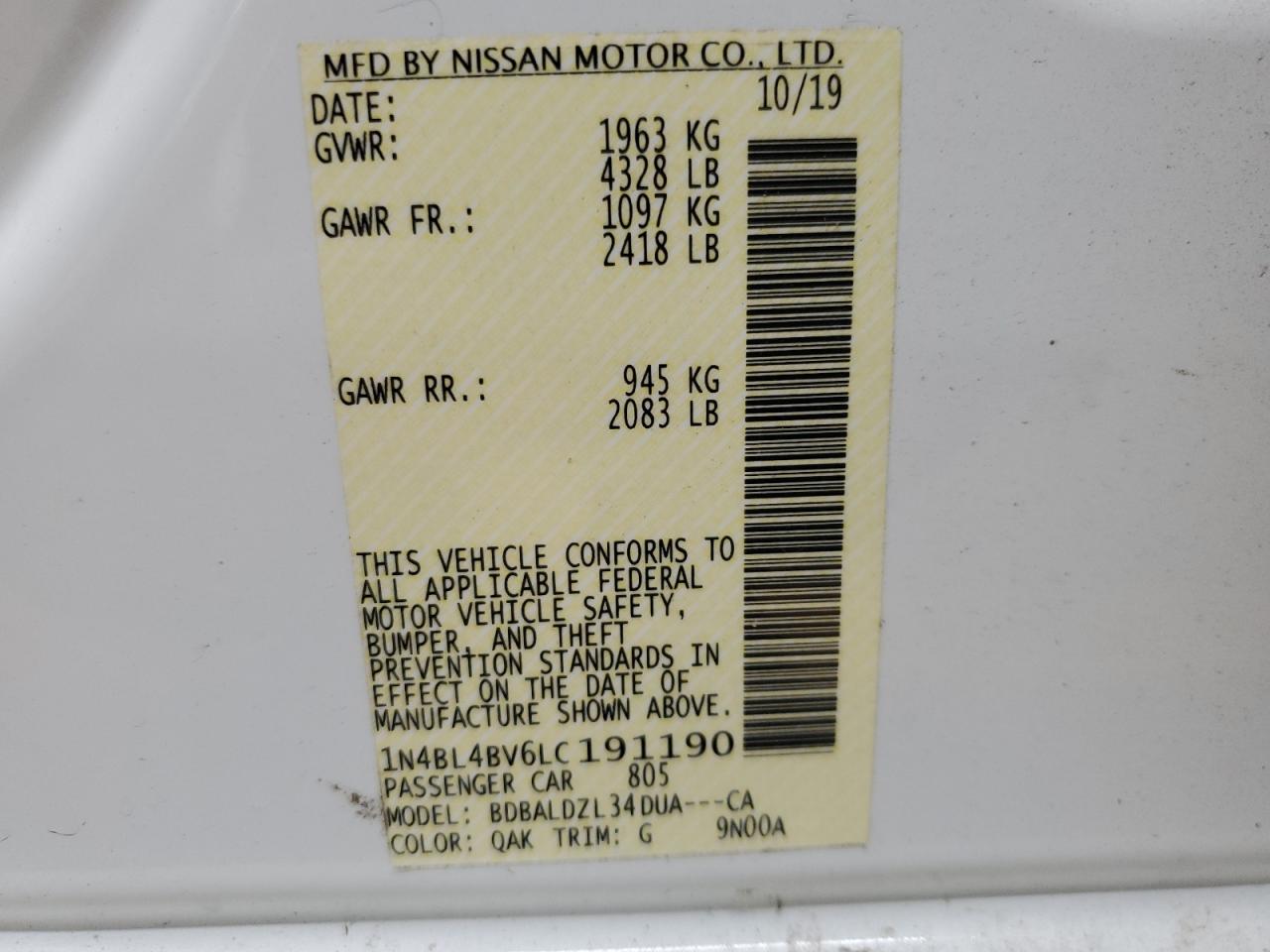 2020 Nissan Altima S VIN: 1N4BL4BV6LC191190 Lot: 81842245