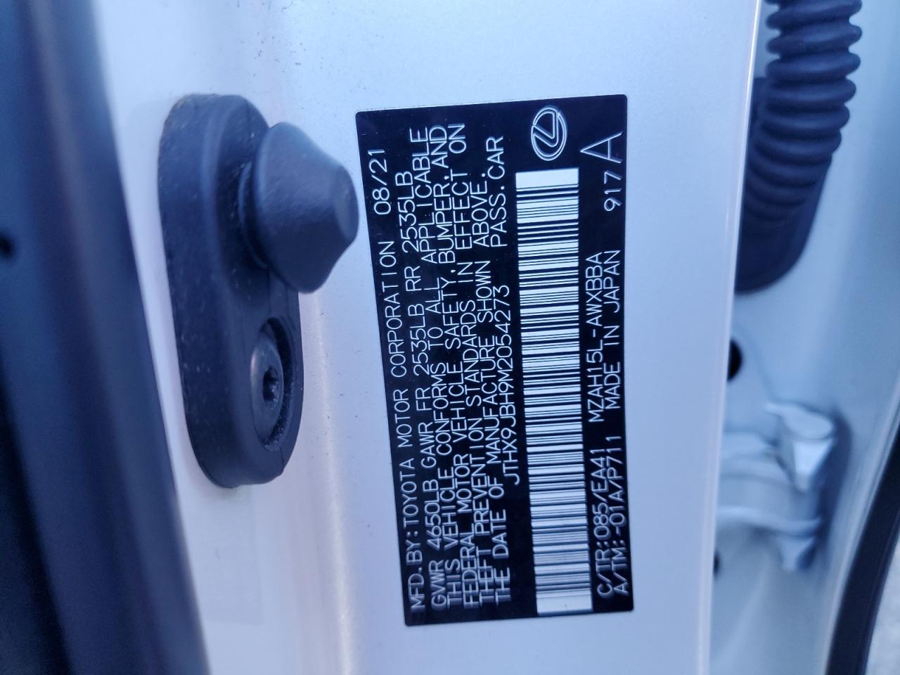 2021 Lexus Ux 250H VIN: JTHX9JBH9M2054273 Lot: 82635515