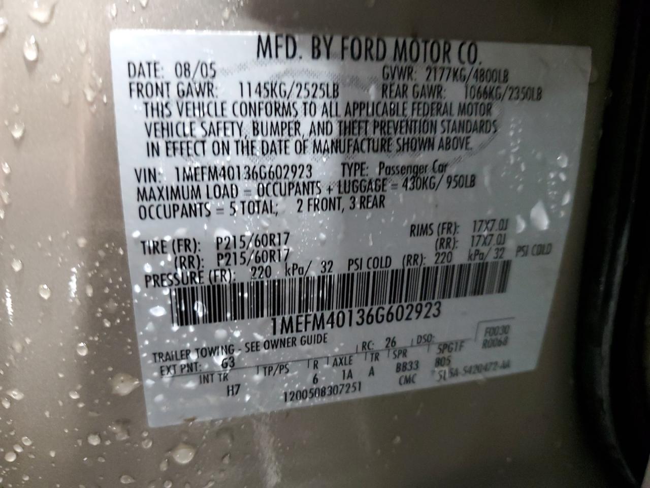 2006 Mercury Montego Luxury VIN: 1MEFM40136G602923 Lot: 90414475