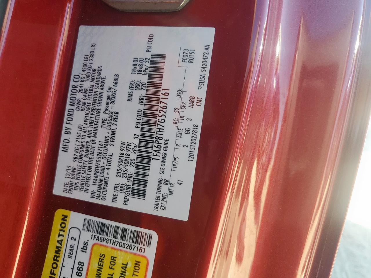 2016 Ford Mustang VIN: 1FA6P8TH7G5267161 Lot: 86597625