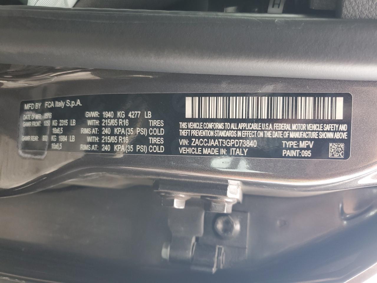 2016 Jeep Renegade Sport VIN: ZACCJAAT3GPD73840 Lot: 82431555