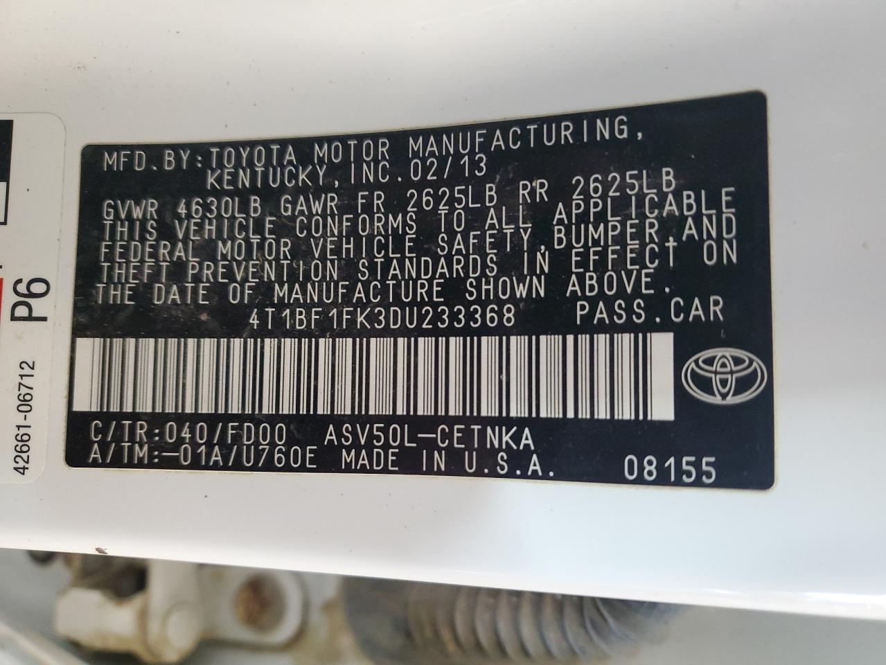 2013 Toyota Camry L VIN: 4T1BF1FK3DU233368 Lot: 86156785