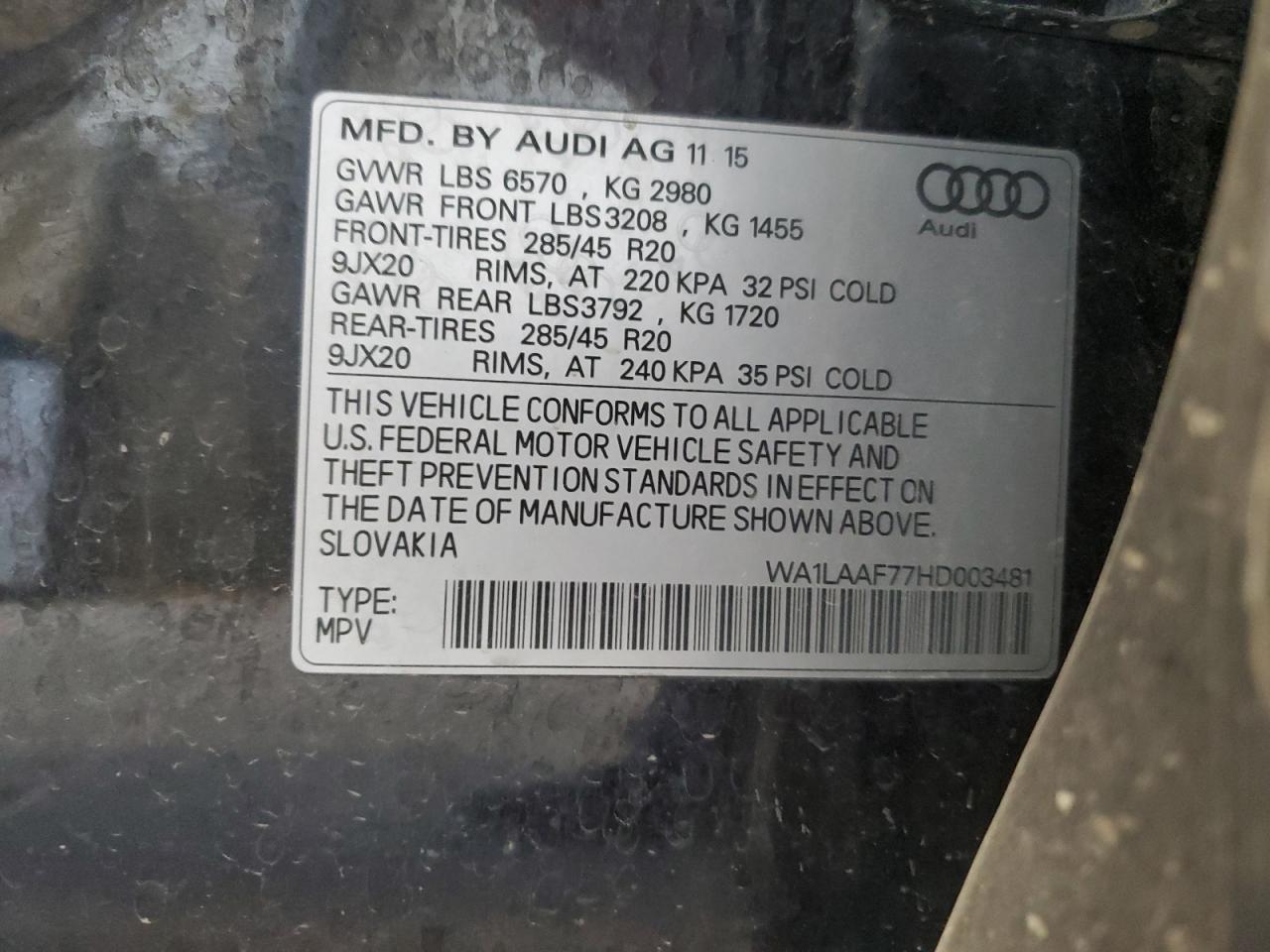 2017 Audi Q7 Premium Plus VIN: WA1LAAF77HD003481 Lot: 87247435