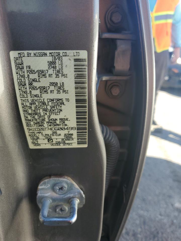 2004 Nissan Xterra Xe VIN: 5N1ED28T74C600499 Lot: 85465535