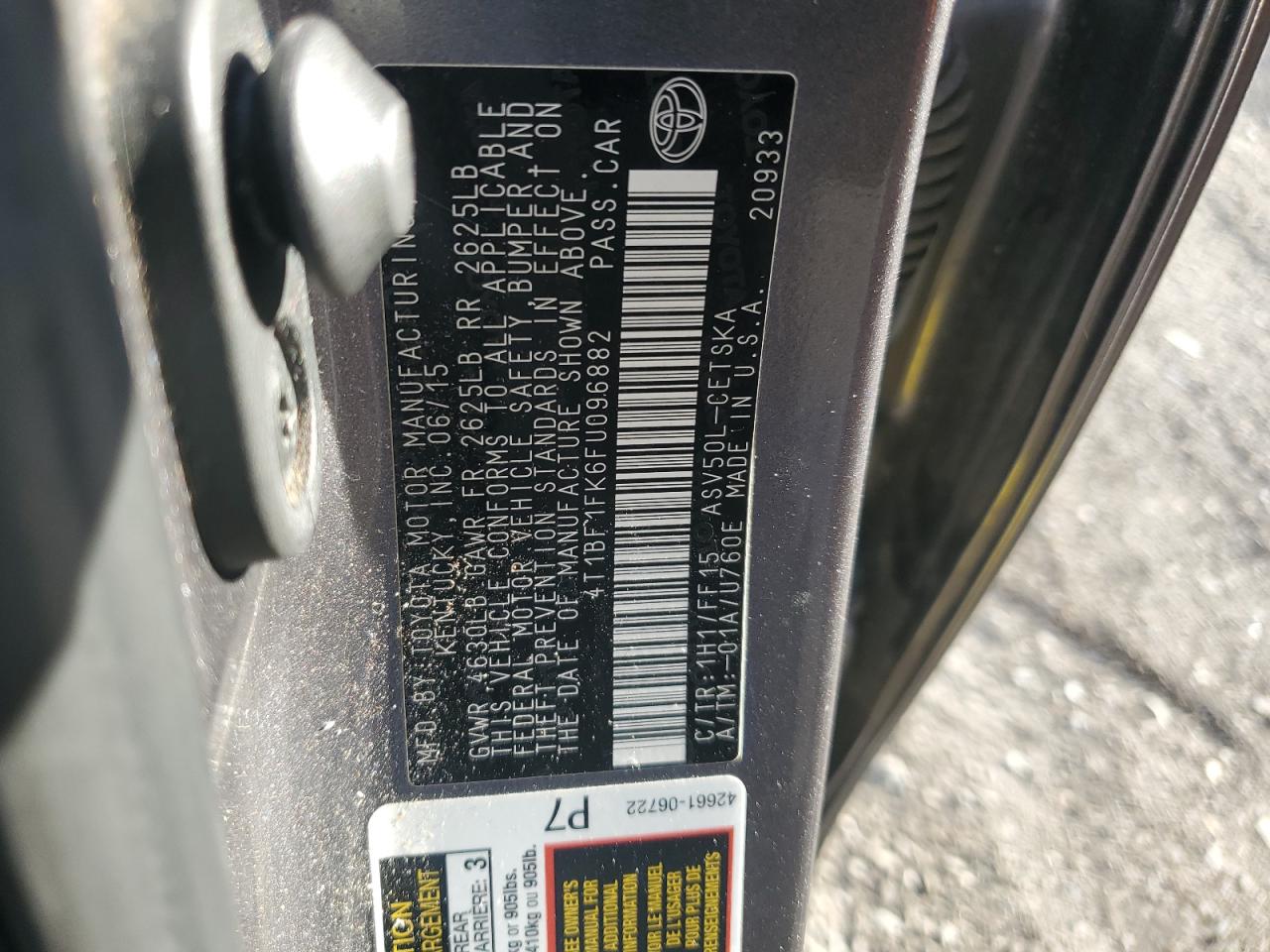 2015 Toyota Camry Le VIN: 4T1BF1FK6FU096882 Lot: 84729185