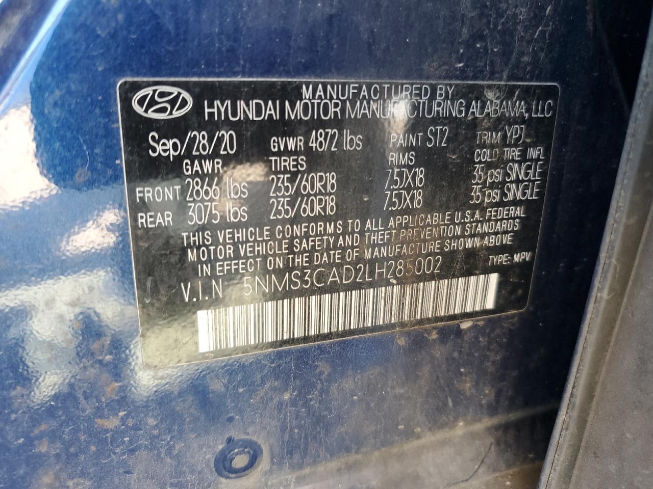 2020 Hyundai Santa Fe Sel VIN: 5NMS3CAD2LH285002 Lot: 84908595