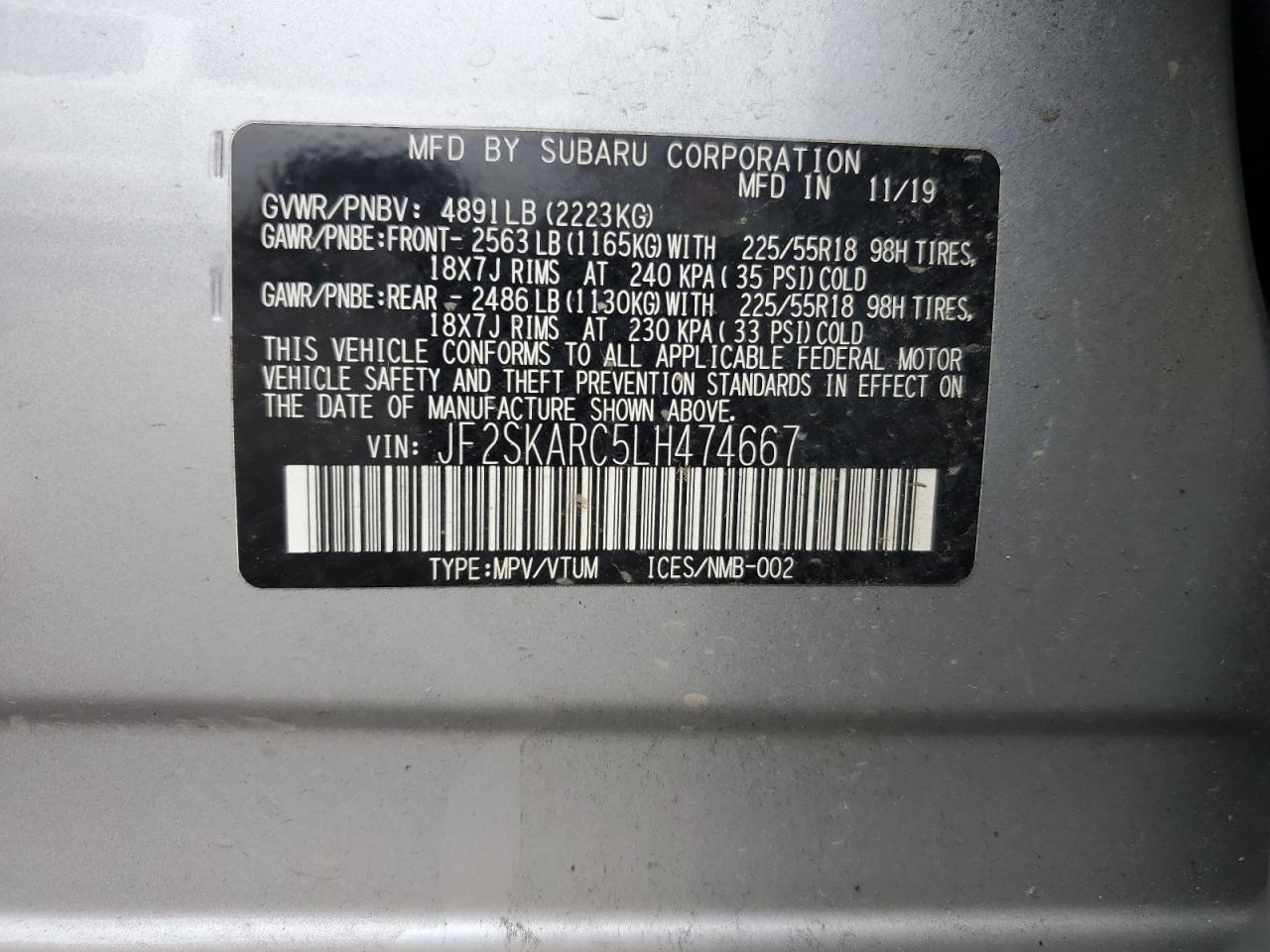 2020 Subaru Forester Sport VIN: JF2SKARC5LH474667 Lot: 87064375